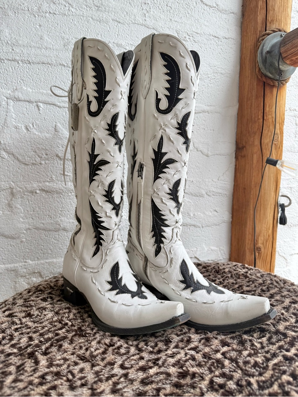 LANE Reverie Knee-High Corset Cowboy Boots in Newsprint Leather
